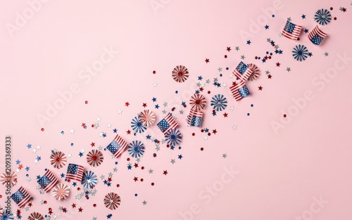 Colorful patriotic celebration with american flags fireworks and confetti stars on pastel background