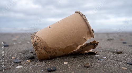 Discarded paper coffee cup lying on a sandy beach representing environmental pollution.