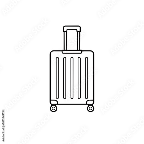Minimalist black outline icon of a wheeled suitcase with telescopic handle and vertical grooves. Simple travel luggage vector illustration for tourism, airport, or packing design concepts.