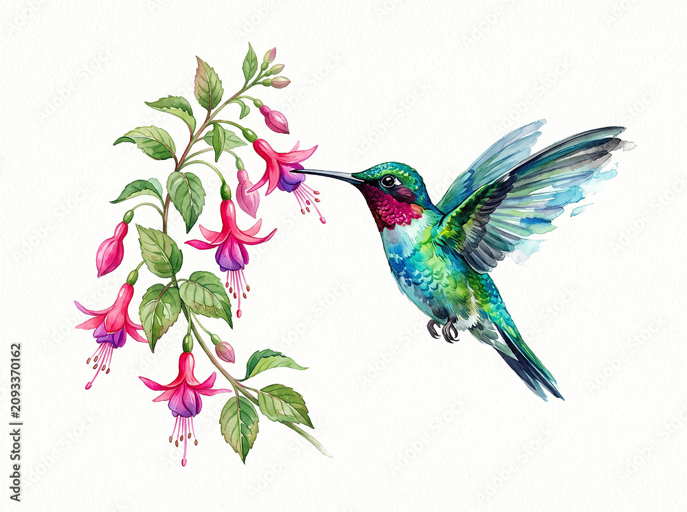 Fototapeta premium Watercolor Tropical Hummingbird in Flight Illustration Isolated White Background