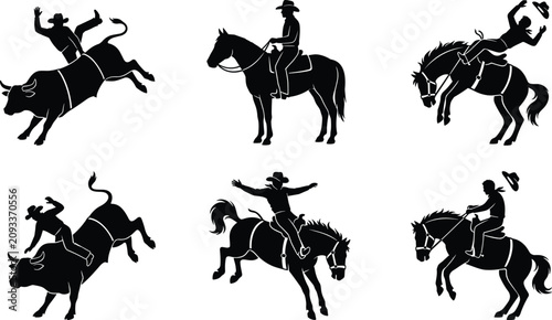 Rodeo Silhouette Vector Icons with Bull Riding Bronco Horse Cowboy Sports and Western Design Set