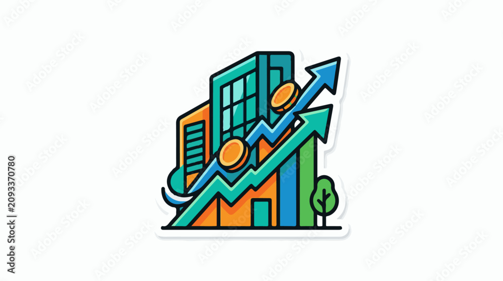 Obraz premium Stylized building with upward arrows coins and a tree