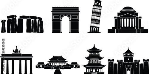 World Landmark Silhouette Vector Set with Famous Monuments and Historic Architecture