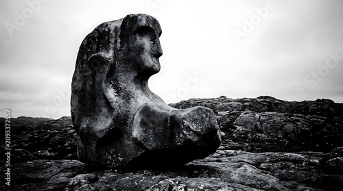 Ancient stone statue head on rocky landscape monochrome.