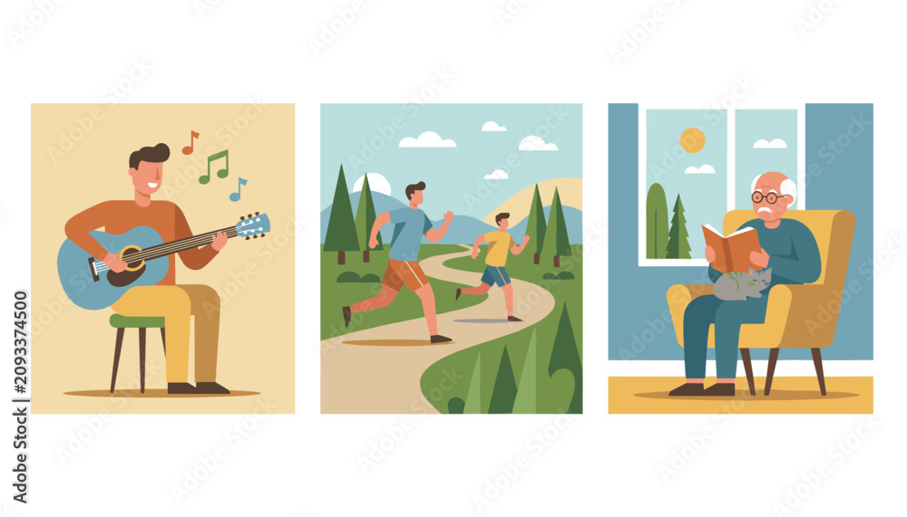 Naklejka premium Three panels illustrate different hobbies including playing the guitar, running in the forest with a child, and reading a book at home.