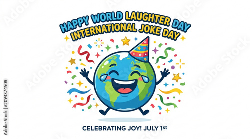 Tableau sur toile Happy World Laughter Day Earth character celebrating with confetti a fun concept