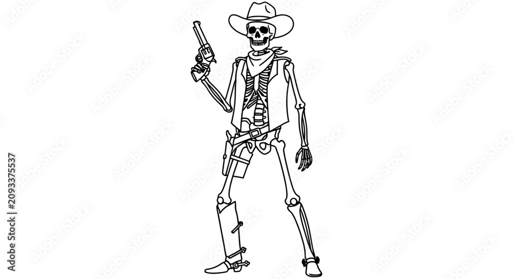 Obraz premium Skeleton cowboy with revolver and hat black line drawing on white background