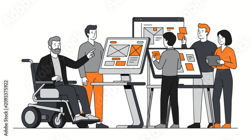 Inclusive UI UX design team collaborating on website wireframe interface project in creative studio with wheelchair accessibility
