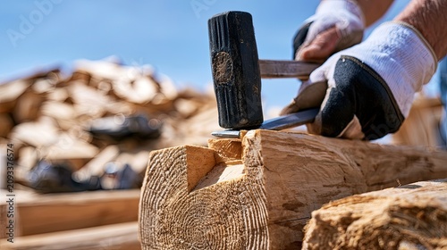 Close-up of gloved hands chiseling a wooden beam outdoors