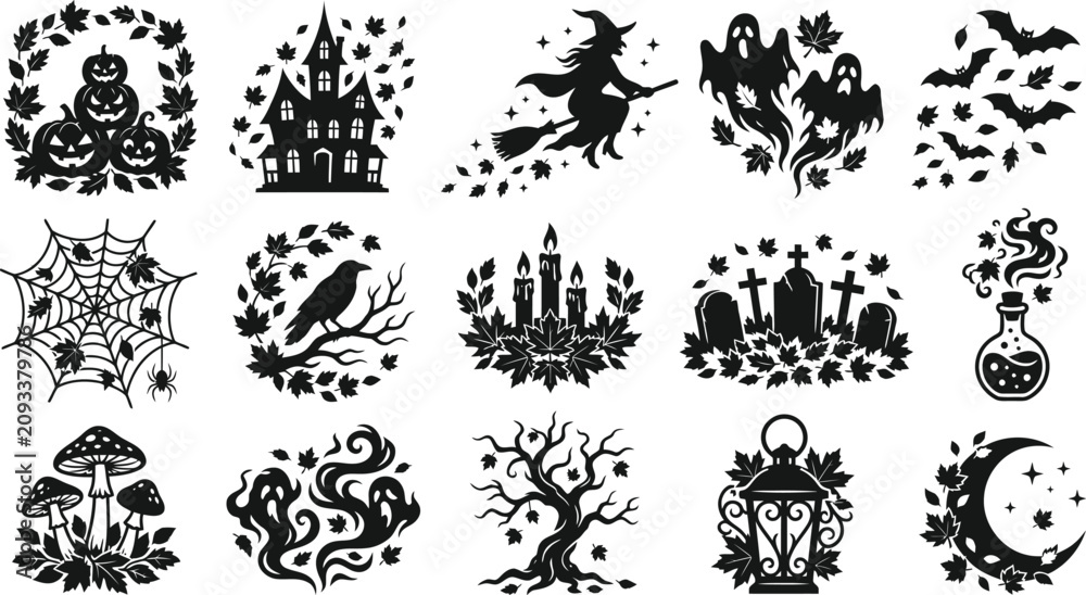 Fototapeta premium Halloween vector bundle spooky silhouettes for designs pumpkins witches ghosts and more