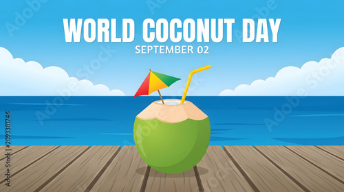 World Coconut Day Celebration: Refreshing Coconut Drink on Wooden Pier by the Sea