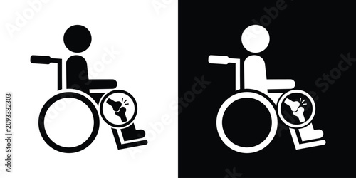 Foto Wheelchair user icon highlighting knee joint pain or injury inflammation, black and white set