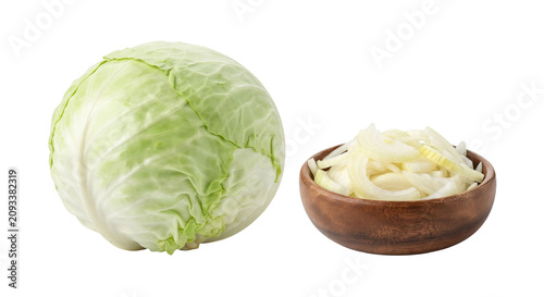 Fresh whole head of cabbage and bowl of shredded cabbage high quality PNG on white background