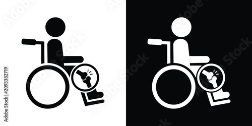 Foto Wheelchair user icon highlighting knee joint pain or injury inflammation, black and white set