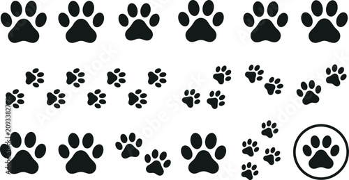 Collection of black paw print icons in various sizes and styles