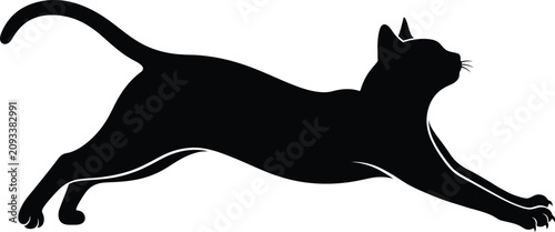 Obraz na plátně Black silhouette cat jumping and stretching in mid-air