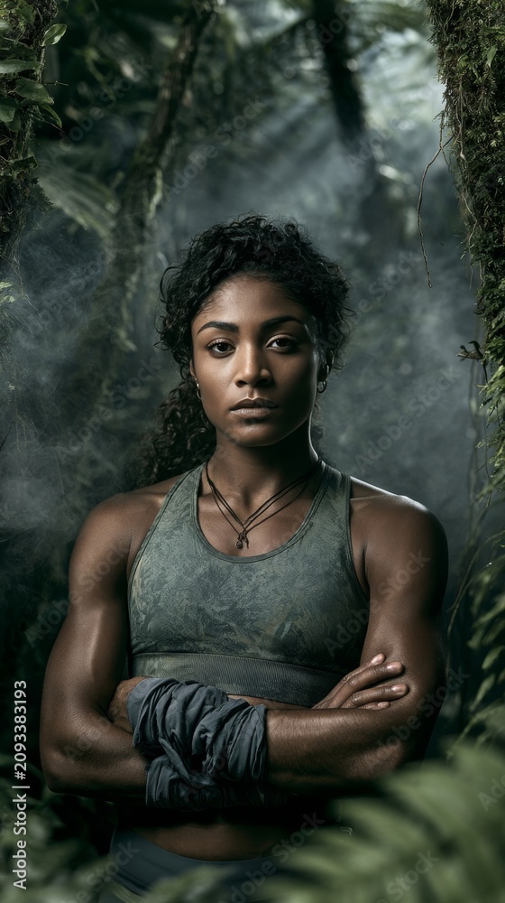 Obraz premium Strong woman in a tropical forest with an intense expression and athletic wear