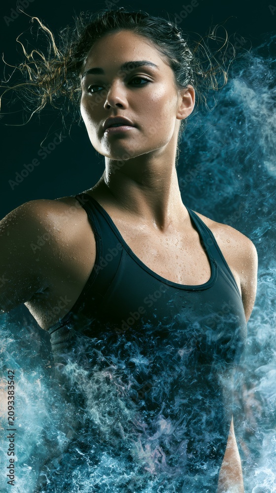 Fototapeta premium Athletic woman with sweat and water splashes, intense workout and determination