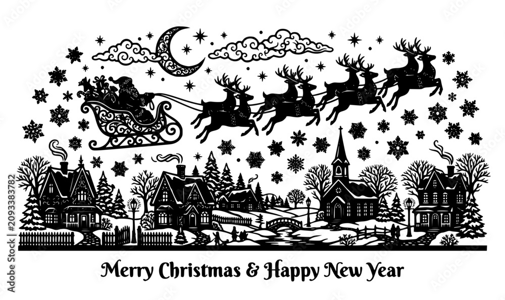 Fototapeta premium Intricate papercut style Christmas silhouette vector with Santa sleigh reindeer gifts and decorative snowy village