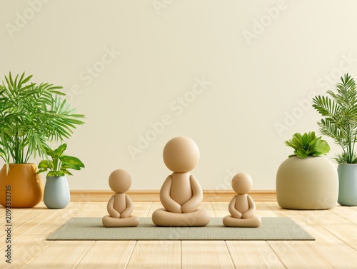 Wooden Figures Practicing Mindfulness and Self-Care in a Serene Indoor Environment Surrounded by Lush Greenery for Mental Wellness Concepts