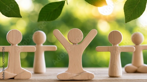 Wooden Figures Representing Mental Wellness and Self-Care Practices in a Serene Natural Setting Ideal for Relaxation and Mindfulness Themes