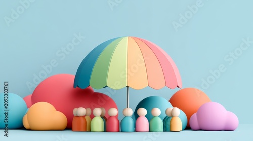Serene Illustration of Wooden Figures Under a Colorful Umbrella Symbolizing Mental Wellness and Self-Care in a Relaxing Atmosphere