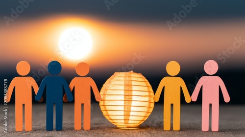 Wooden Figures Engaging in Mental Wellness and Self Care Practices at Sunset with Lantern, Symbolizing Connection and Mindfulness in Nature