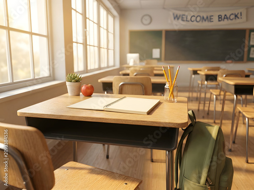 Warm morning light illuminates an inviting, empty classroom with student desks, a blackboard, and a 