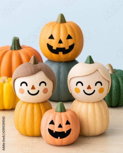 Engaging Wooden Figures with Pumpkins in a Workplace Setting Representing Control and Hierarchy in a Diverse Environment