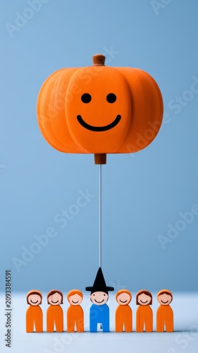 A Creative Representation of Workplace Hierarchy and Control with Diverse Characters under a Smiling Pumpkin Balloon on a Blue Background