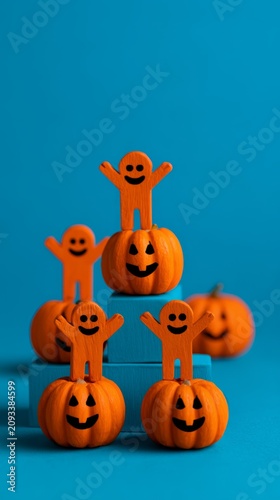 Playful Halloween Scene Featuring Miniature Pumpkins and Smiling Figures in a Vibrant Blue Background for a Fun and Festive Atmosphere