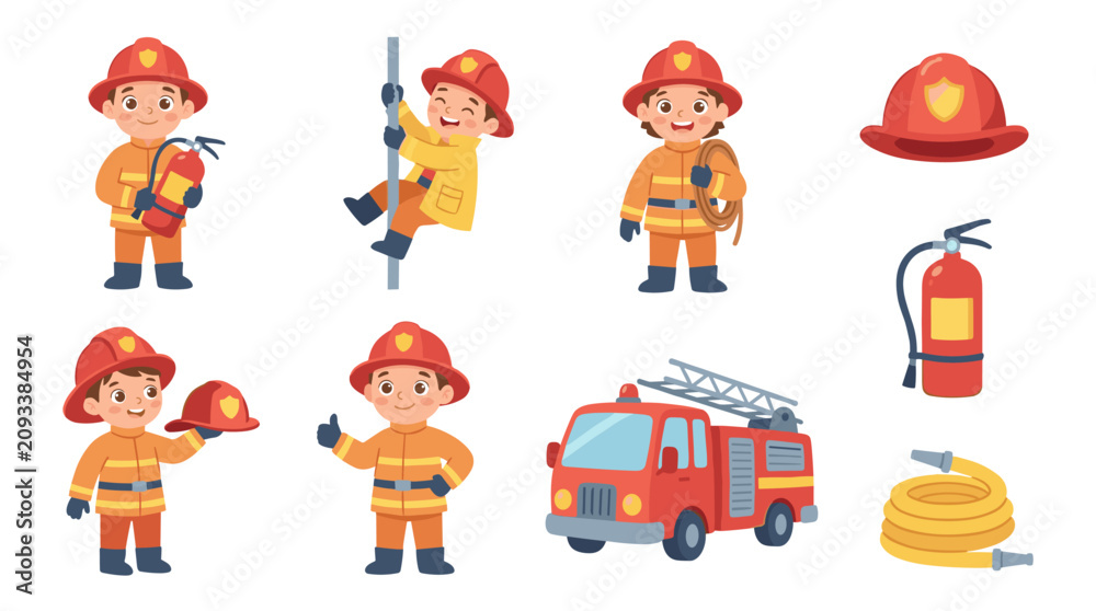 Fototapeta premium Collection of cartoon firefighters, fire truck, and equipment, children's characters, illustration for kids, vector graphic