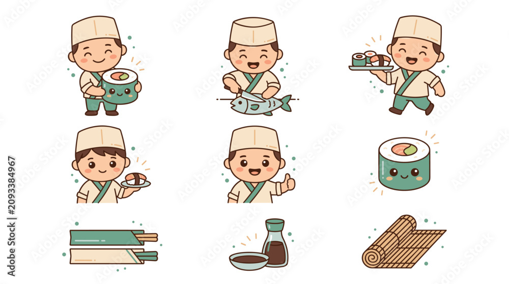 Fototapeta premium Cute sushi chef collection with different poses, serving sushi, holding ingredients, and preparing food, cheerful and playful style with kawaii