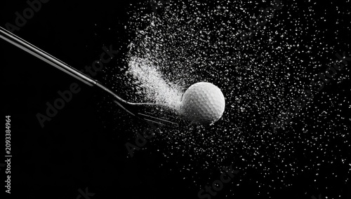 White golf ball spewing granular powder from metallic fork, dark background