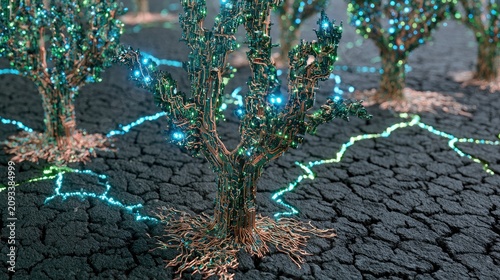 Futuristic metallic trees with glowing circuits on cracked arid ground