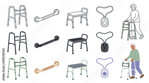 Collection of vector art medical aids for elderly, including walkers, bath lift seats, and alert pendants, suggesting accessibility and support for