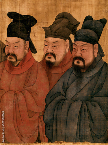 Traditional Tang Dynasty silk scroll painting of dignified imperial ministers