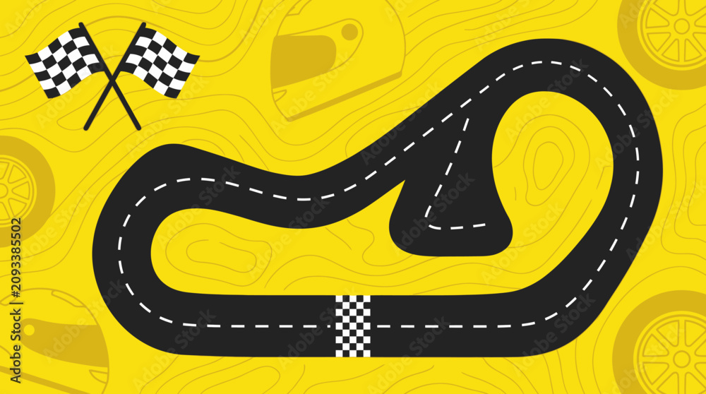 Fototapeta premium Minimalist Racing Track Vector Illustration with Checkered Flags and Yellow Topographic Background