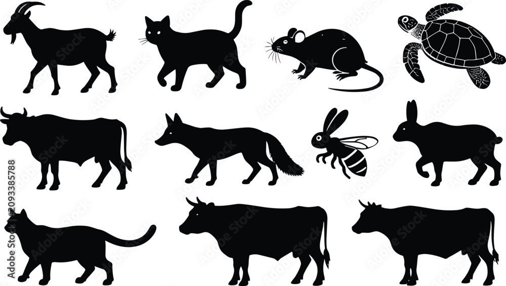 Fototapeta premium Animals silhouettes set including goat walking cat mouse sea turtle bull running fox honey bee and rabbit isolated on a plain white background vector icons collection