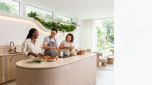 Multigenerational residents cooking a healthy meal together in a bright shared co-living kitchen