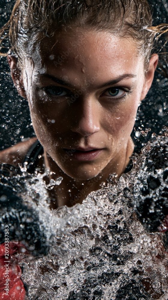 Fototapeta premium Intense female boxer with water splashing around her face during a workout