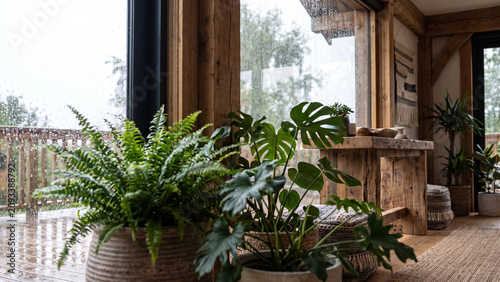 Authentic biophilic interior design with indoor plants and rainy window reflection background