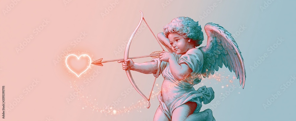 Fototapeta premium A pastel-toned cherub targets a glowing heart arrow, framed by gentle sparkles for a romantic vibe.