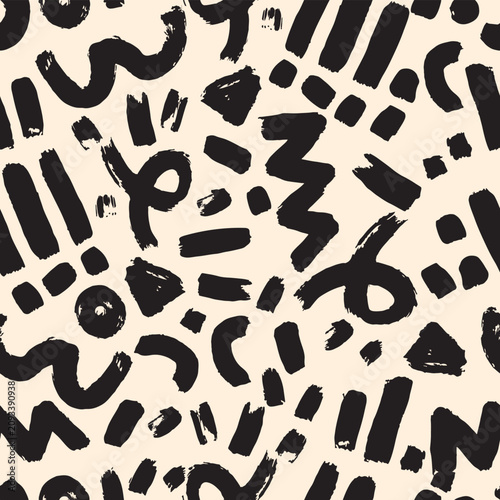 Bold Black and Cream Abstract Doodles Decorative seamless pattern. Repeating background. Tileable wallpaper print.