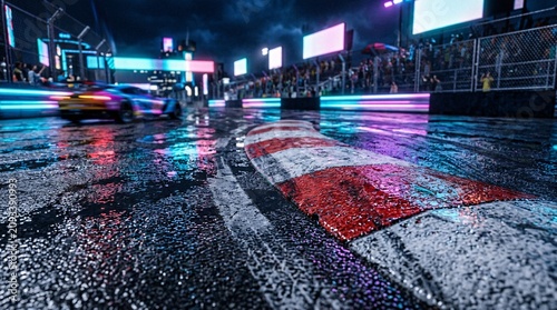 Low angle view of a wet racing track curb painted in classic red and white reflecting dramatic neon lights during a futuristic night race.