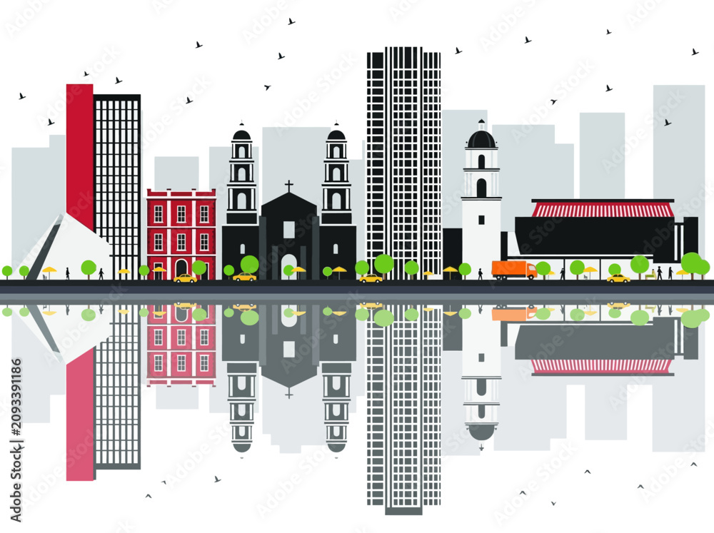 Obraz premium Guadalajara Mexico City Skyline Flat Vector Illustration with Water Reflection