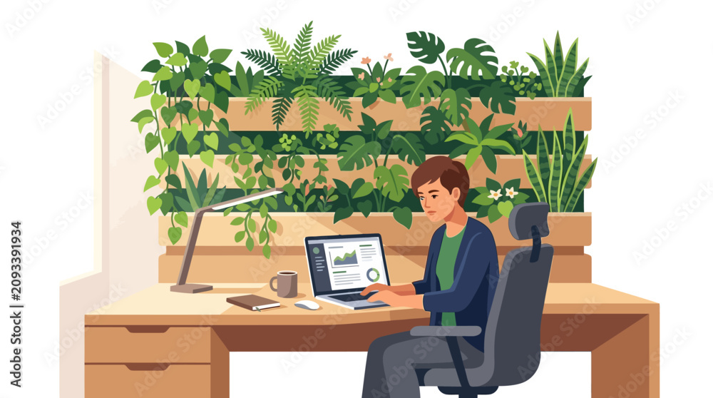 Fototapeta premium Modern Home Office Setup with Indoor Plants and Minimalist Workspace Design