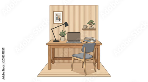 Modern minimalist home office with Japanese inspired interior design and natural wooden furniture
