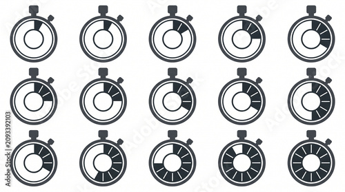 Multiple stopwatches with varying times displayed in a grid on a white background