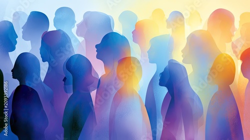 Abstract, multicolored silhouettes of diverse people in profile create a sense of community
